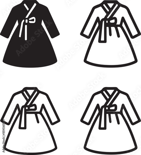 Isolated Hanbok Korea, traditional Korean dress icon, cultural attire, heritage clothing, black vector fashion symbol, classic cultural costume design premium design
