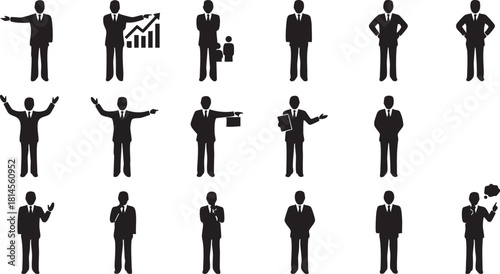 Collection of black silhouette icons depicting businessmen in various professional poses and actions, including pointing, presenting, and discussing