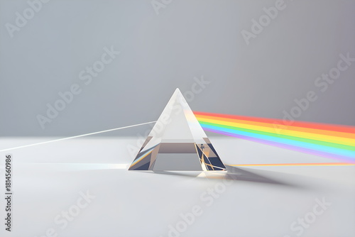 Glass Prism Refracting Light into a Rainbow Spectrum on White Background