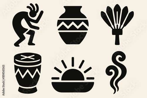 Solstice Celebration Icons. Cultural Solstice Celebration silhouette icon set: dancer figure, pottery jar, feather fan, drum, sunrise, smoke swirl