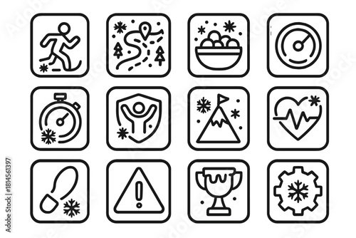 Winter Fitness Icons. Winter Fitness App Templates linear icon set: activity tracker, snow trail map, calorie counter, frosty progress circle, stopwatch, workout badge, winter goal
