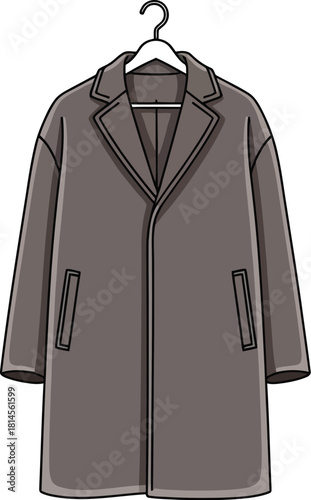 Stylish overcoat hanging on a hanger against a clean white background view