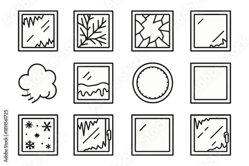 Frozen Window Icons. Arctic Chill Windows linear icon set: icy pane, sharp frost, glass shard pattern, frozen handle, fog breath, ice layer, white frost ring, pale reflection
