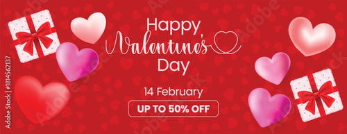 Modern Valentine’s Day horizontal sale discount banner featuring romantic hearts, clean minimal layout, professional social media cover, and elegant website header template