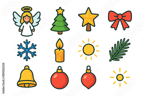 Christmas Angel Icons. Christmas Angel Topper flat icon set: angel with wings, halo, Christmas tree, star topper, ribbon, snowflake, candle flame, golden light, pine sprig, bell