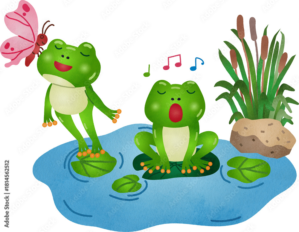 Fototapeta premium Illustration of Frogs Singing in a Pond Watercolor Hand Drawn Style