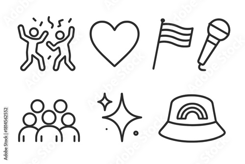 Pride Festival Icons. Pride Festival Elements linear icon set: dancing figures, rainbow confetti, love heart, celebration flag, microphone, community crowd, sparkle star, pride hat