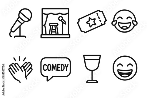 Open Mic Night Icons. Open mic night concept linear icon set: microphone, stage, stool, ticket, laughing face, applause, comedy text bubble, drink glass