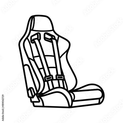 Outline drawing of a racing car seat with a fivepoint safety harness, isolated on