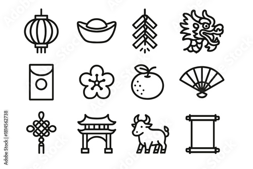 Chinese New Year Icons. Chinese Lunar New Year – Traditional Symbols linear icon set: red lantern, gold ingot, firecracker, dragon dance, red envelope, plum blossom, mandarin