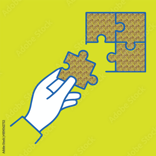 Hand placing patterned puzzle piece into matching incomplete jigsaw board