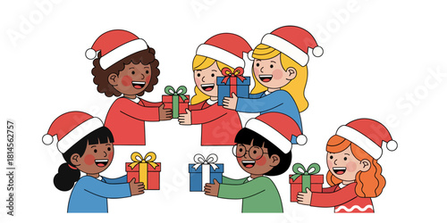Cheerful flat vector illustration featuring a group of children of different ethnicities happily exchanging Christmas gifts.