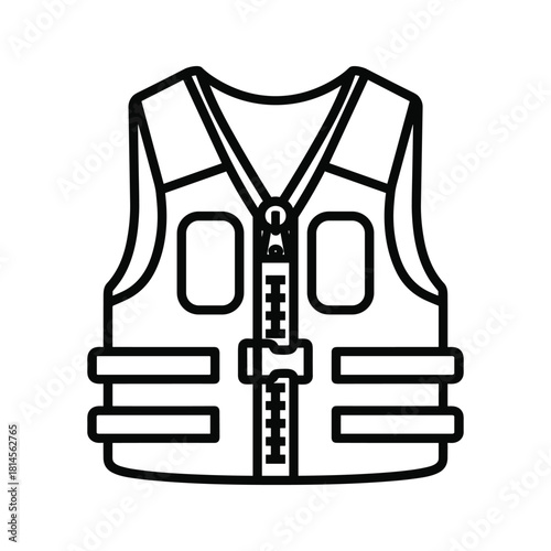 Outline icon of a safety vest or life jacket with zipper and straps, isolated on