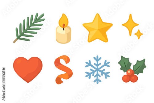 Festive Icon Collection. Season spirit flat icon set : pine branch, candle flame, star, sparkle, heart, ribbon curl, snowflake, holly sprig