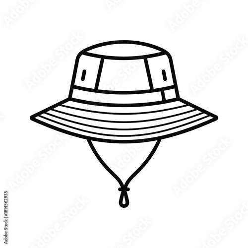 Simple black and white line art icon of a bucket hat with a chin strap, isolated on