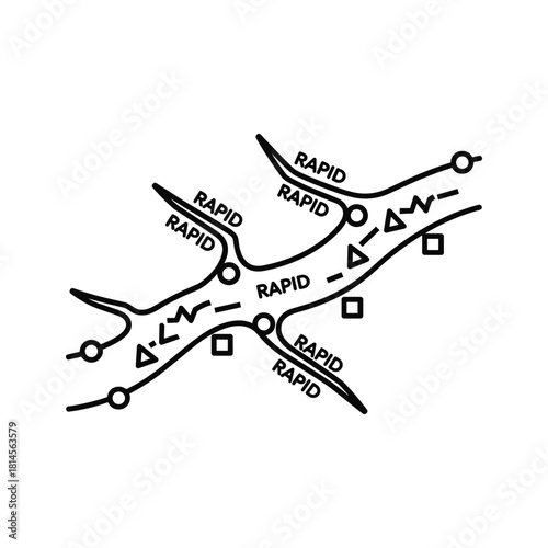 Diagram illustrating rapid signal transmission pathway with various symbolic representations along a branching structure, isolated on