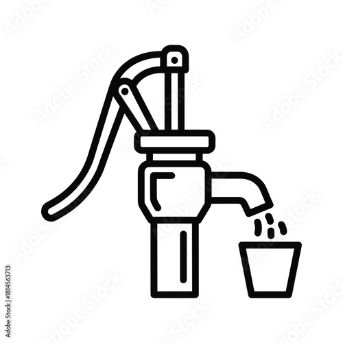 Simple black and white line art icon of a vintage hand water pump dispensing water into a small cup isolated on