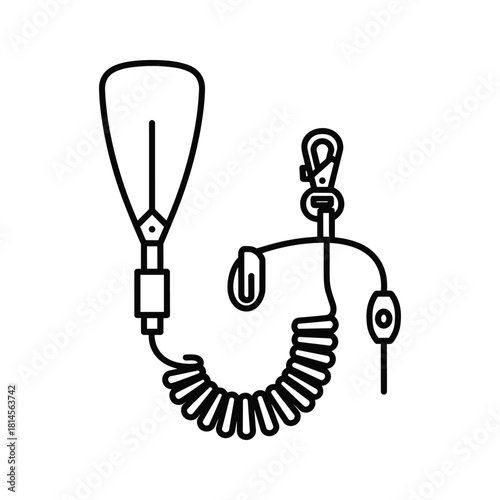 Outline icon of a coiled safety tether or lanyard with a carabiner clip and attachment point, isolated on