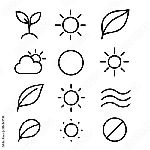 Seasonal Cycle Icons. Seasonal Cycle Set linear icon set: spring sprout, summer glow, autumn curve, winter flake, weather shift line, seasonal ring, warm beam, cool ripple, leaf