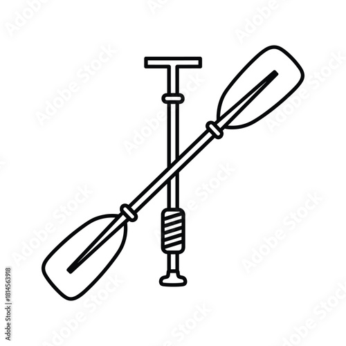 Line art icon of crossed kayak paddle and inflatable boat pump isolated on