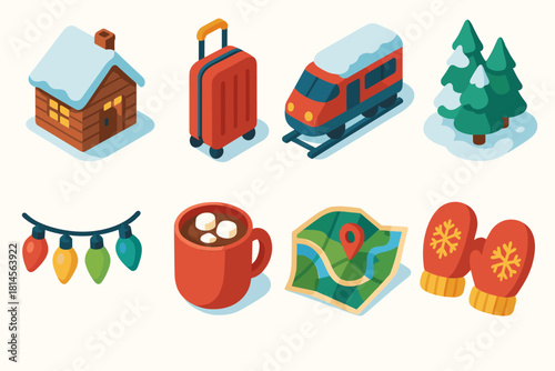 Festive Winter Icons. Festive Winter Travel flat icon set: cozy cabin, luggage, train, snow-covered forest, holiday lights, hot cocoa, map, mittens