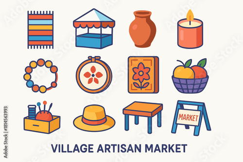 Isometric Artisan Items. Village Artisan Market flat icon set: woven rug, stall tent, pottery jar, handmade candle, bracelet, embroidery hoop, wood carving, fruit basket, sewing