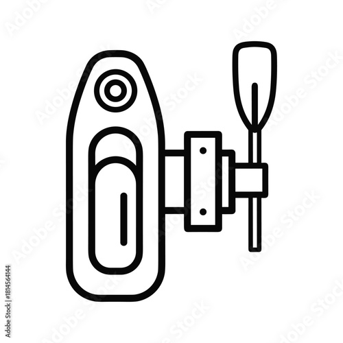 Black and white line icon representing an inflatable boat or dinghy with an attached oar, isolated on