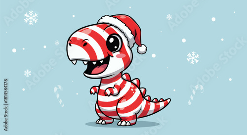 Charming cartoon T-Rex dinosaur character with red and white candy stripes and a festive Santa hat, a smooth vector illustration for the holiday season