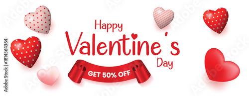 Happy Valentine’s Day love celebration party banner with sale discount offer, horizontal layout, romantic heart background, web header, banner, and creative social media cover template illustration