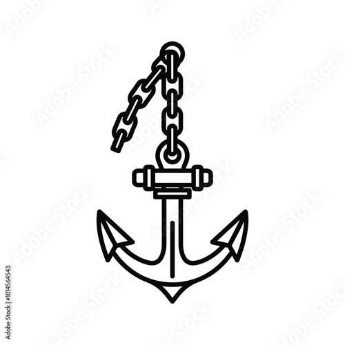 Simple black and white line art icon of a ship anchor with a chain hanging down, isolated on