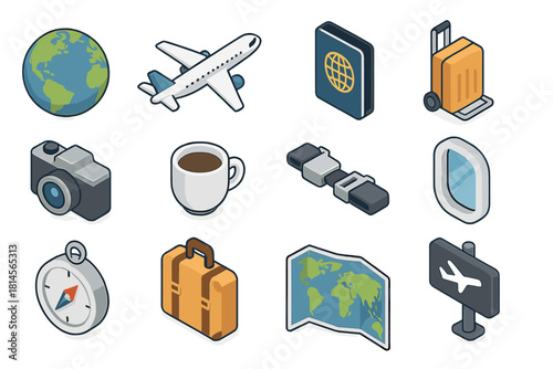 Travel Essentials Icons. Global Traveler flat icon set : globe, airplane, passport, luggage cart, camera, coffee cup, seatbelt, plane window, compass, suitcase, world map, terminal