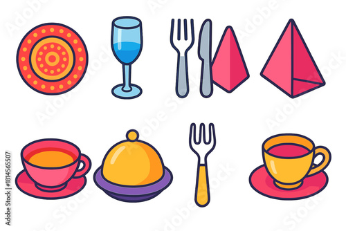 Festive Tableware Icons. Festive Tableware Icons flat icon set: decorated plate, crystal glass, silver cutlery, folded napkin, soup bowl, serving tray, dessert fork, teacup