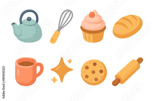 Cozy Kitchen Icons. Cozy kitchen flat icon set : teapot, whisk, cupcake, bread, mug, sparkle, cookie, rolling pin