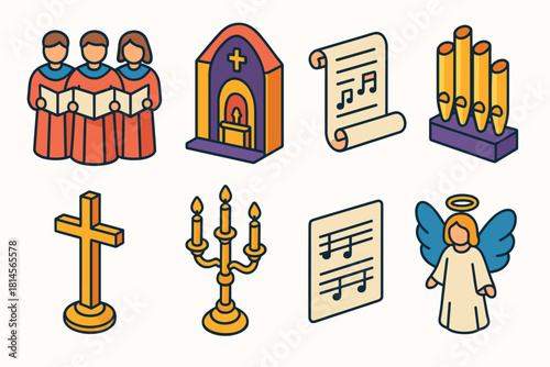 Orthodox Choir Icons. Orthodox Christmas Choir flat icon set: singers in robes, church interior, song scroll, organ pipes, golden cross, candle stand, music sheet, angel figure
