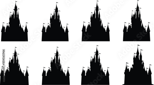 Set of Eight Fantasy Castle Silhouettes with Towers and Flags, Ideal for Fairytale Designs, Logos, Magical Themes, and Royal Entertainment Branding Projects.