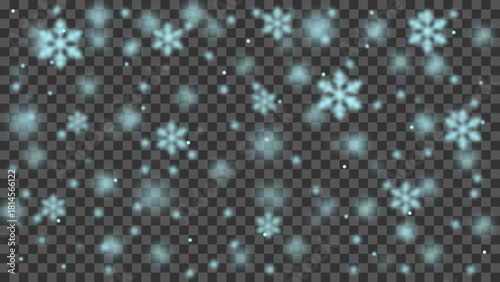Winter snowfall vector design on transparent background. Blur white snowfall, light snow, snowflakes, falling snow, snow background. Blurred and hazy snowfall. Vector illustration. 