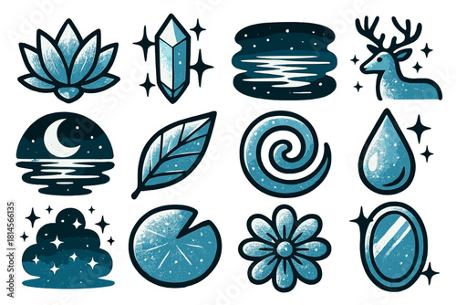 Brutalist Ice Lake Icons. Magical Ice Lake silhouette icon set : frozen lotus, glowing crystal, shimmering surface, frosty deer, moon reflection, silver leaf, icy swirl, frozen