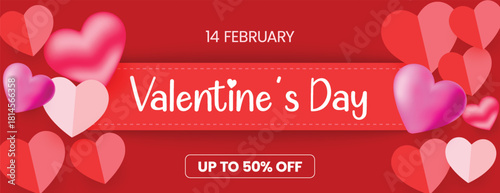 Valentine’s Day sale discount horizontal banner with elegant hearts, modern design layout, creative website header template, and festive social media cover vector illustration for marketing promotions