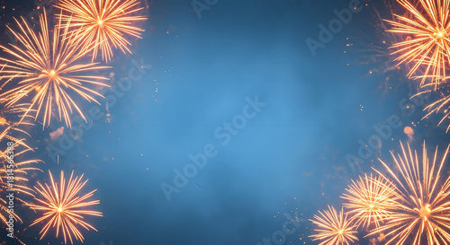 Festive fireworks frame a blue gradient background, perfect for celebrations.