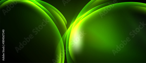 Abstract green shapes overlap, creating luminous curves. Dark background emphasizes vibrant color, smooth gradients present. Minimalist design.