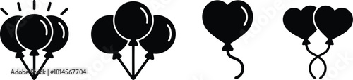 Black and White Balloon Icon Set Featuring Round and Heart Shaped Helium Balloons