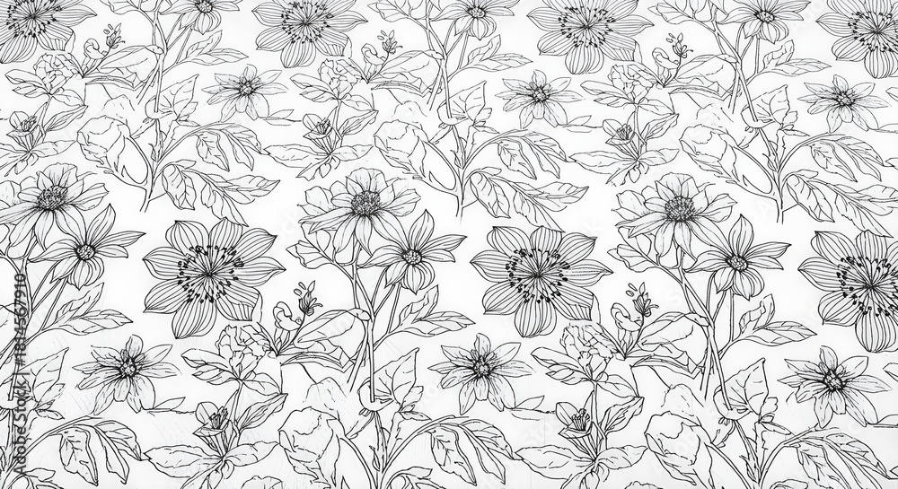 Fototapeta premium Black and White Floral Line Fabric Pattern