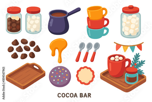 Festive Cocoa Bar Icons. Creative Cocoa Bar flat icon set: jars of toppings, cocoa pot, stacked mugs, marshmallow jar, chocolate chips, caramel drizzle, mini spoons, serving tray