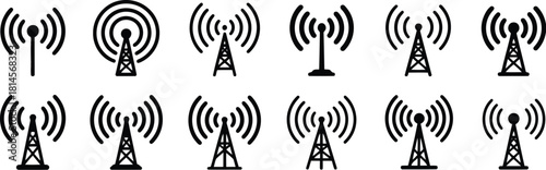 Black and White Illustration of a Set of Different Radio Signal Tower Icons