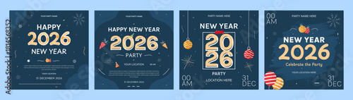 Elegant happy new year 2026 social media post party invitation set, festive holiday celebration templates with decorations, fireworks and modern typography