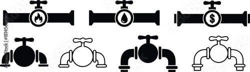 Black and White Illustration of Six Different Pipe Valves with Varying Designs