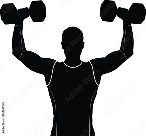 Silhouette of a strong man performing a dumbbell shoulder press exercise, showcasing fitness and strength training, isolated on white background