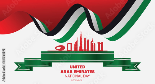 United Arab Emirates National Day 2 December cityscape with flag ribbon vector poster