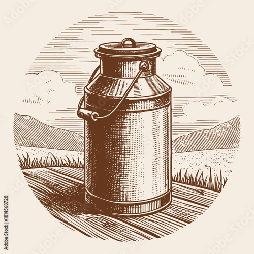 Vintage engraving of a milk can set against a pastoral countryside landscape. Detailed linework and rustic charm, ideal for dairy branding, farm packaging, and artisanal food design.