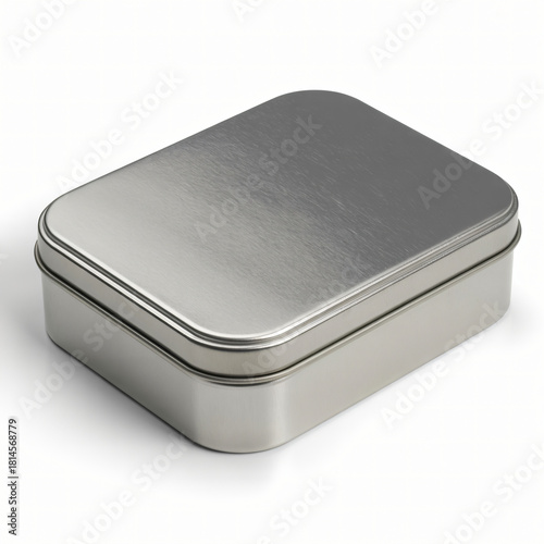 Smooth aluminum rectangular tin container with lid isolated on light background for packaging design